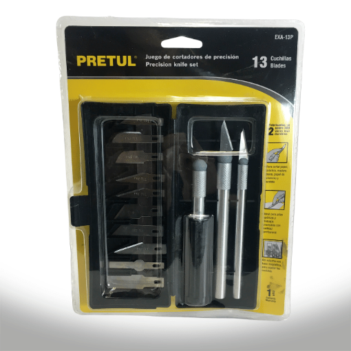 Imagen de Cutter cortadores de precisión PRETUL en estuche con 3 mangos y 13 cuchillas de acero SK5