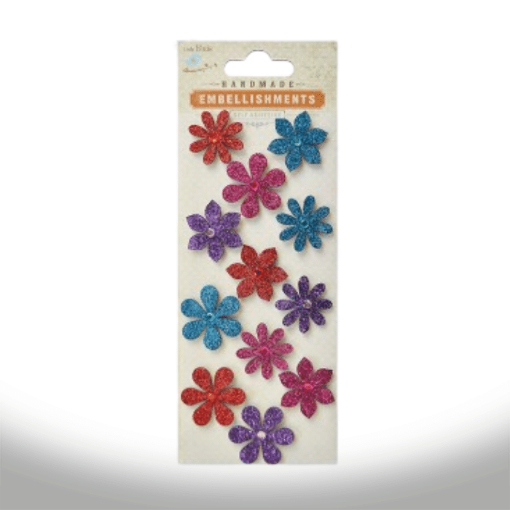 Imagen de Apliques LITTLE BIRDIE flores de 2.5cms con glitter y centro gema *12 unidades