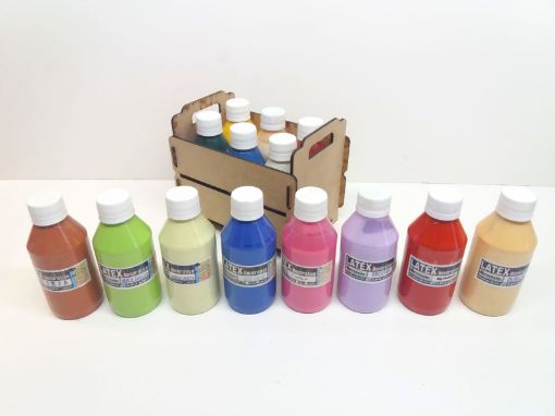 Imagen de Kit de 6 pinturas látex de 200cc. colores variados en cajón de MDF