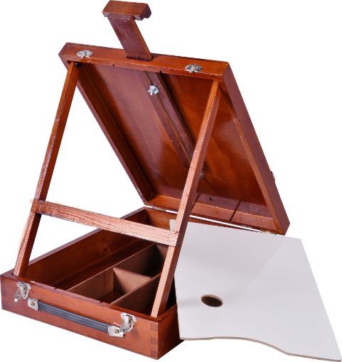 Imagen de Valija de madera de Pino color Mogno SOUZA  para pintar al oleo o acrilico incluye atril y paleta