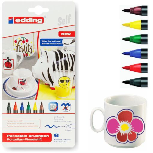 Imagen de Marcadores EDDING 4200 para cerámica y porcelana punta pincel de 1 a 4mms 6 colores básicos