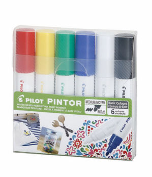 Imagen de Marcador PILOT PINTOR Tinta al agua trazo medio M punta 1.4mms. set de 6 colores clásicos