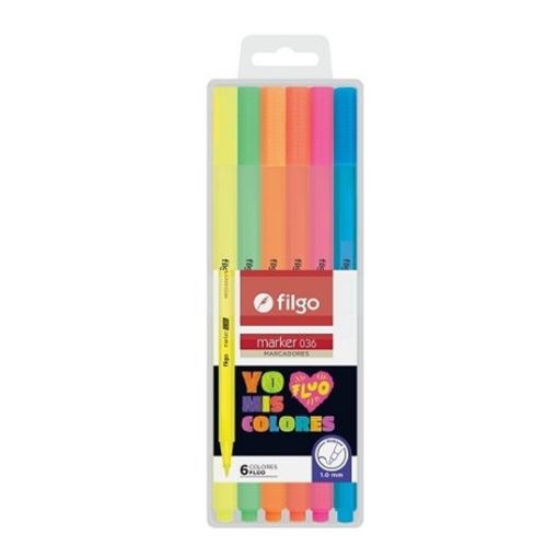 Imagen de Set de 6 marcadores FILGO Marker 036 de punta fina de 1mm. colores fluo