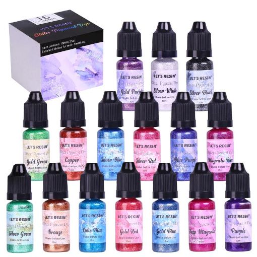 Imagen de Pigmentos líquidos brillantes glitter para resina Epoxi  *10ml. LETS RESIN kit de 16 colores Glitter   LETS RESIN