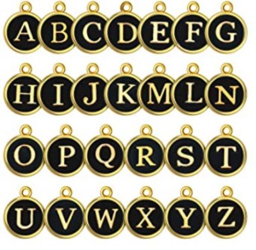 Imagen de Set de 26 dijes de metal de 12mms. alfabeto abecedario dorados con negro