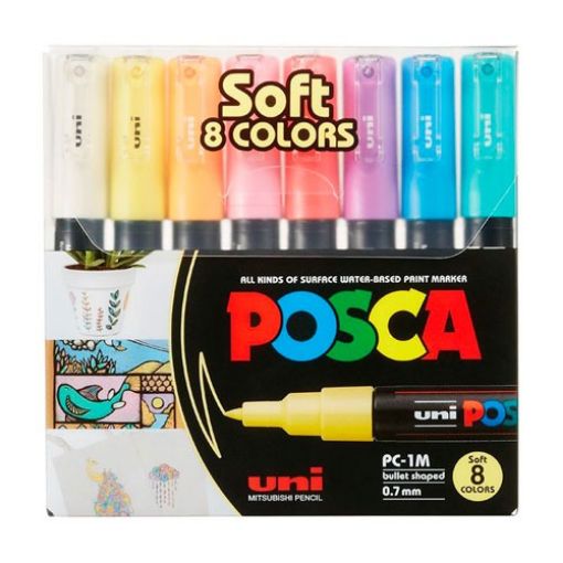 Imagen de Marcador de tinta pigmentada agua UNI POSCA trazo ultrafino 0.7mms PC-1PC 8 colores pasteles