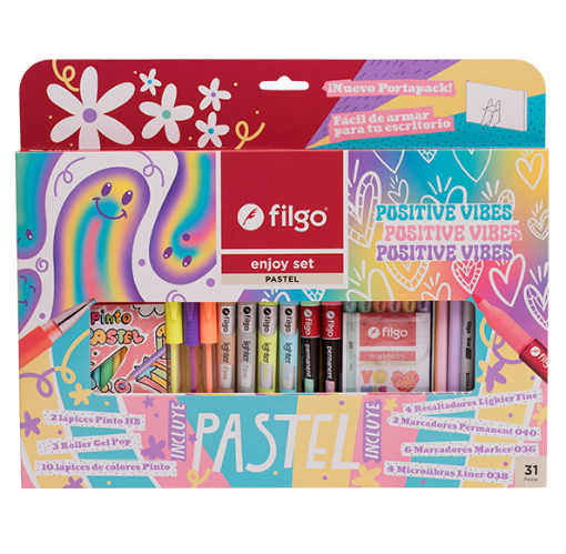 Imagen de Set de 31 piezas de marcadores microfibras lapices y resaltadores en colores pasteles  Enjoy FILGO