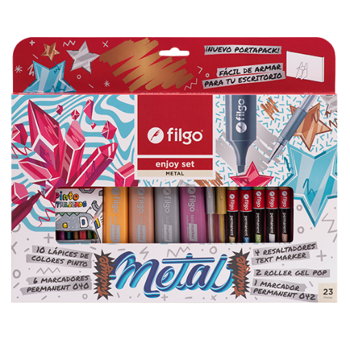 Imagen de Set de 23 piezas de marcadores microfibras lapices y resaltadores en colores metal  Enjoy FILGO