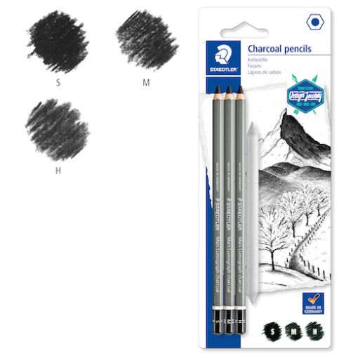 Imagen de Lapices de carbón carbonilla Lumograph Charcoal pencil set de 3 graduaciones mas difuminador STAEDTLER