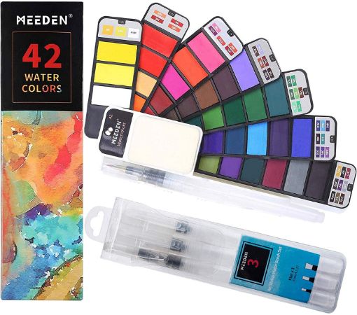 Imagen de Set de 42 colores de acuarelas en estuche abanico ideal para viaje "MEEDEN" incluye 4 pinceles 