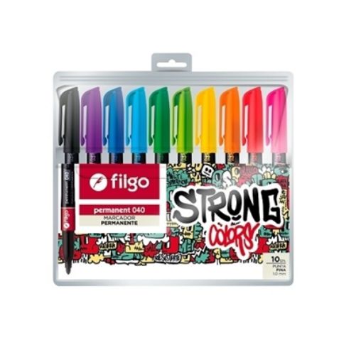 Imagen de Set de 10 marcadores FILGO permanentes 040 de punta fina de 1mm. colores fuertes FILGO