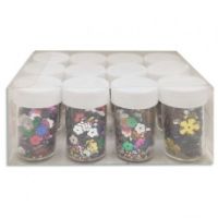 Confetti lentejuelas forma flor colores surtidos en frasco de 2.5x4.5cms. UNIDAD