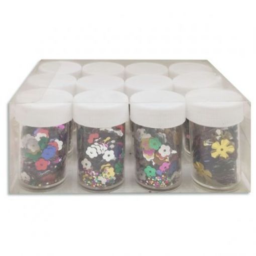 Imagen de Confetti lentejuelas forma flor colores surtidos en frasco de 2.5x4.5cms. UNIDAD
