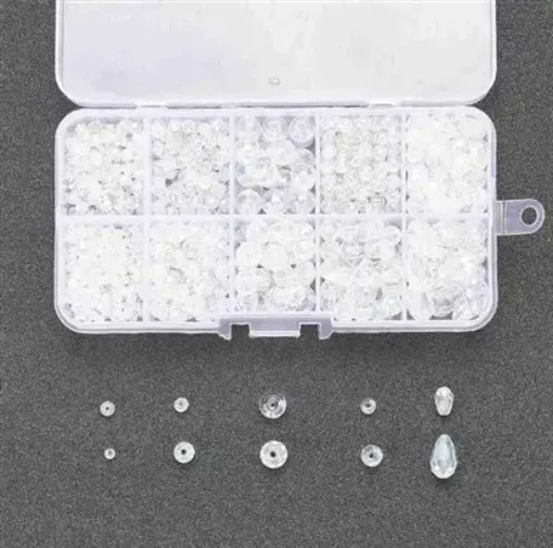 set 745 cuentas acrilico transparentes para bijouterie collares 10 formas caja plastica 0